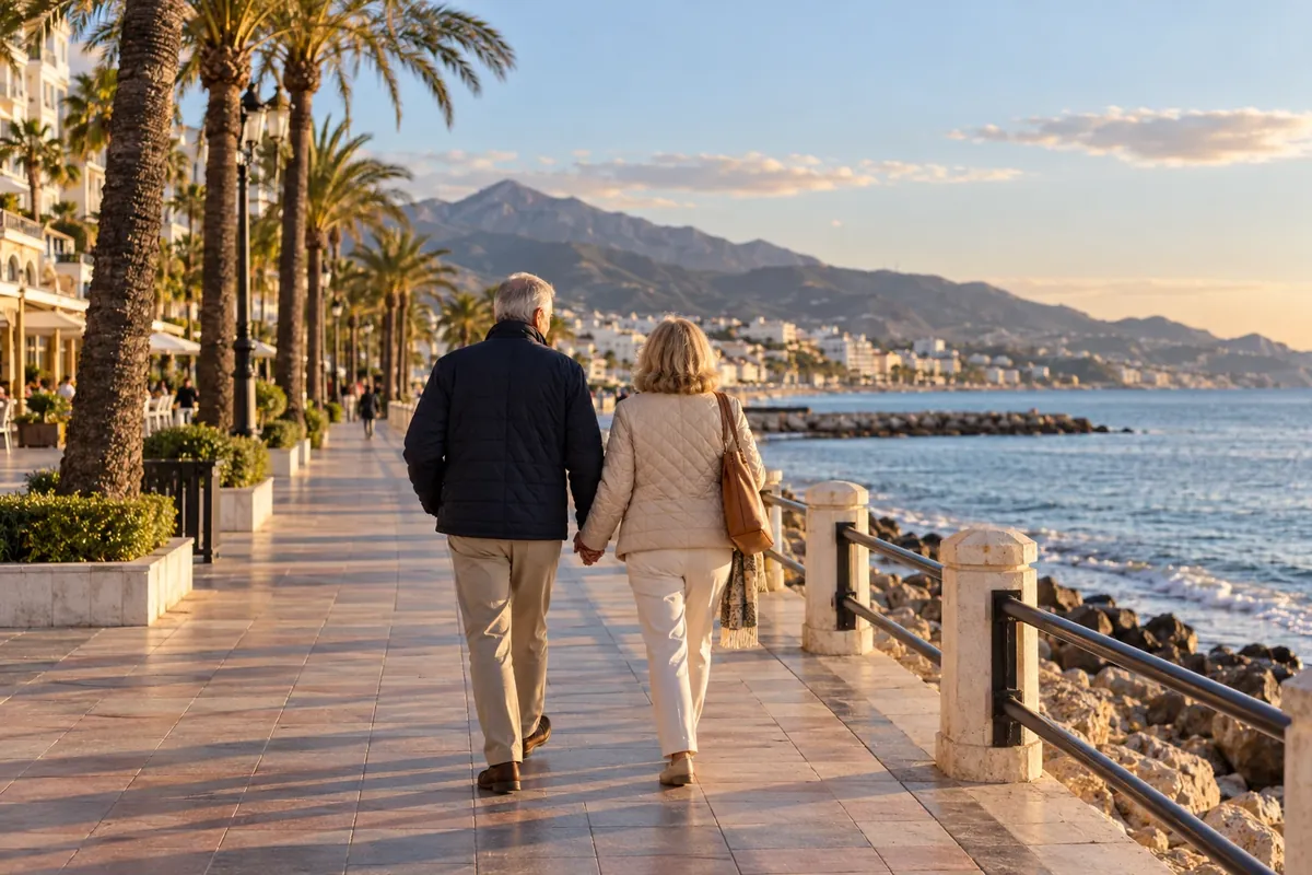 Pareja británica paseando por el paseo marítimo en invierno: británicos que compran casa en España