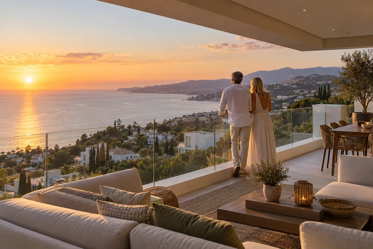 Pareja extranjera en la terraza de su casa nueva en España, mirando el mar: comprar casa siendo extranjero