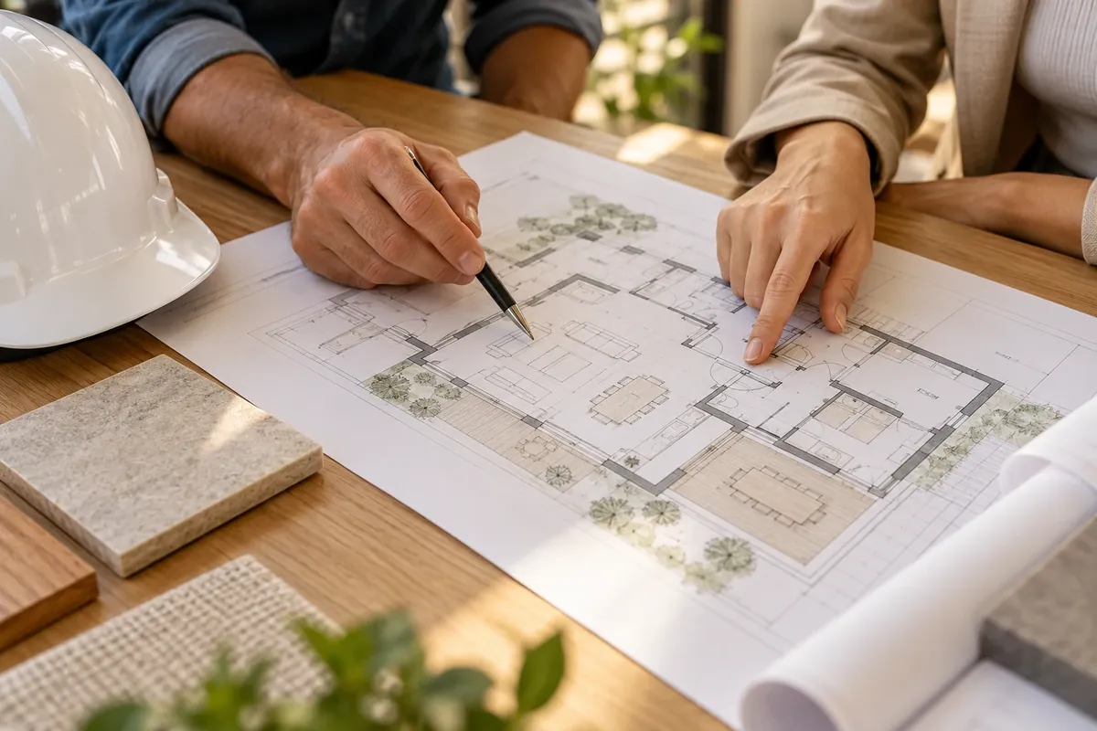 Comprador revisando un plano y una muestra de acabados al comprar sobre plano