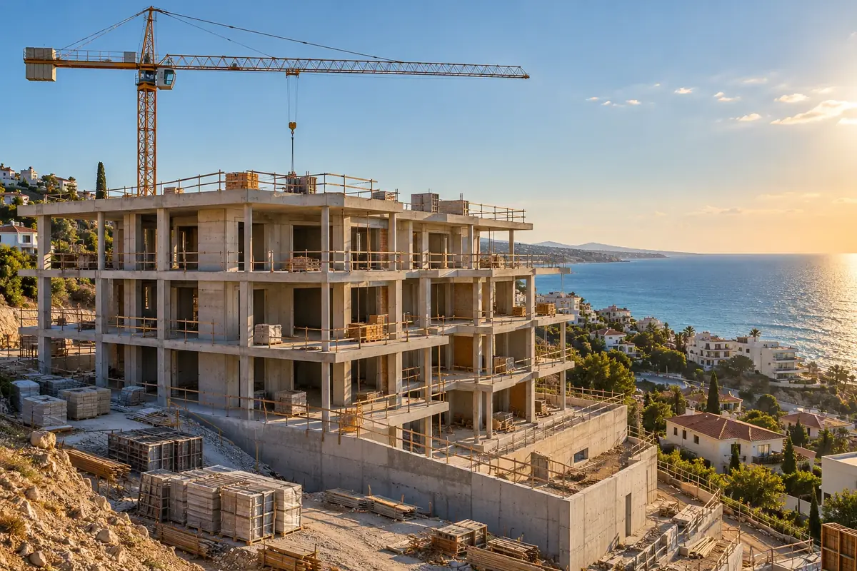 Edificio en construcción con el mar al fondo: comprar sobre plano en la Costa del Sol