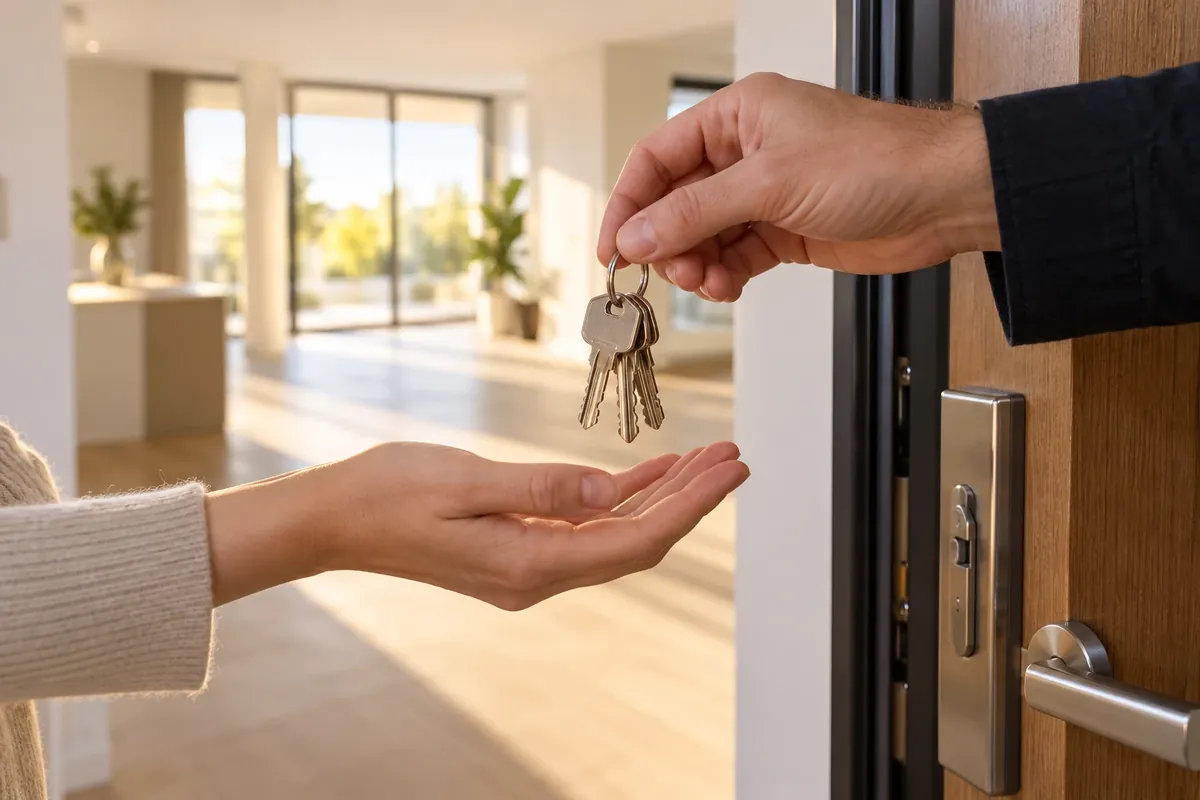 Entrega de llaves de una vivienda de obra nueva en la puerta de casa