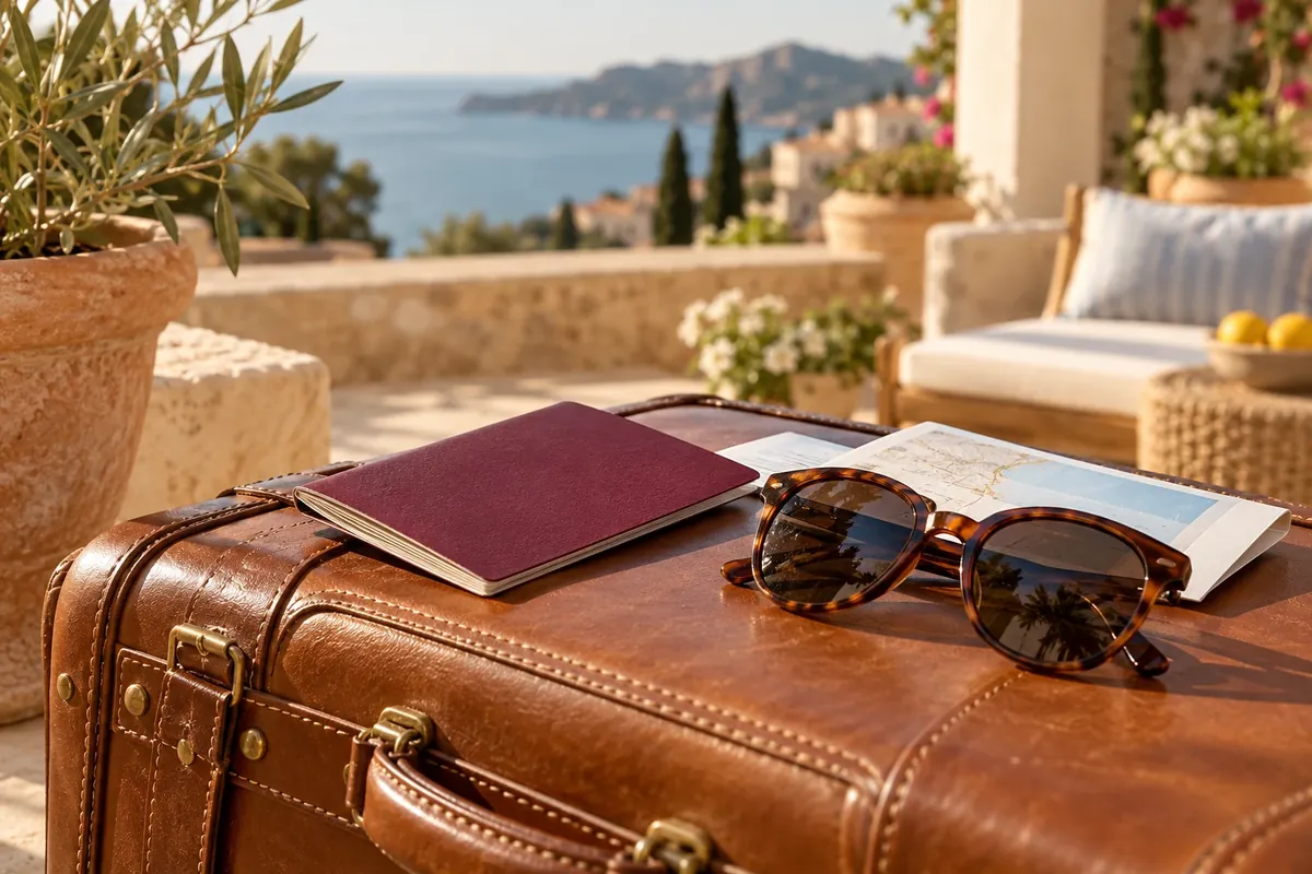 Pasaporte y maleta en una terraza mediterránea, opciones tras el fin de la Golden Visa en España