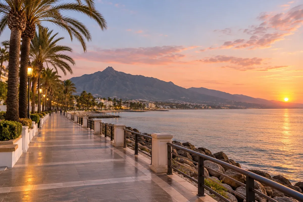 Paseo marítimo de Marbella al amanecer: cambios en la Golden Visa en España