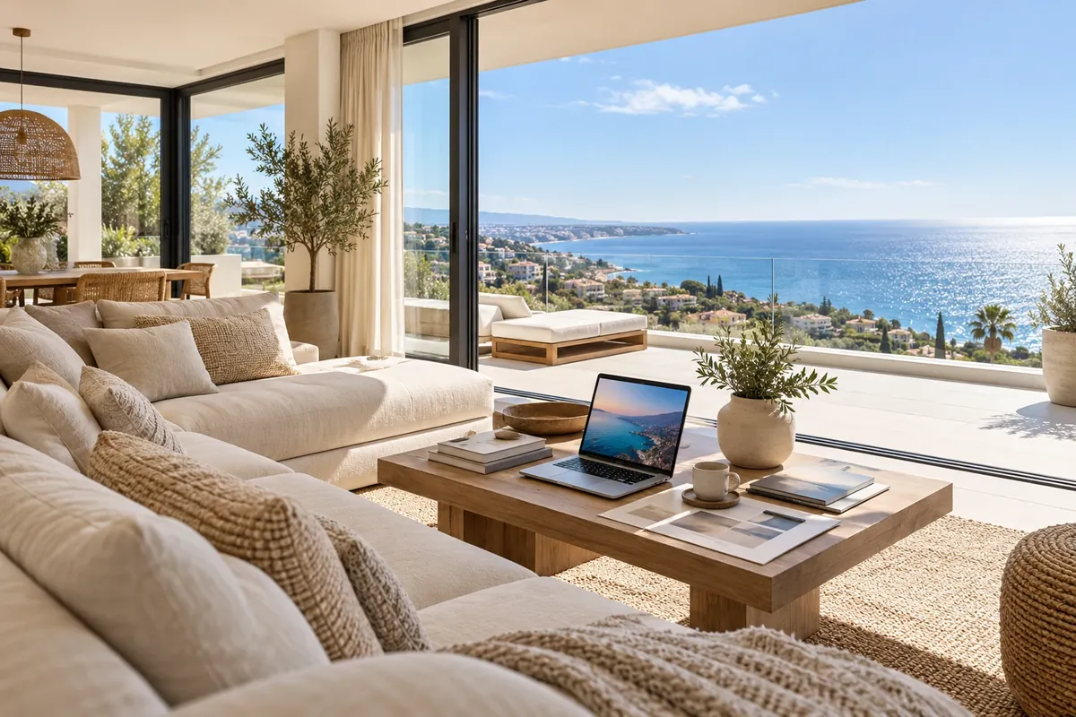 Salón con vistas al mar y documentos de la hipoteca para no residentes en España