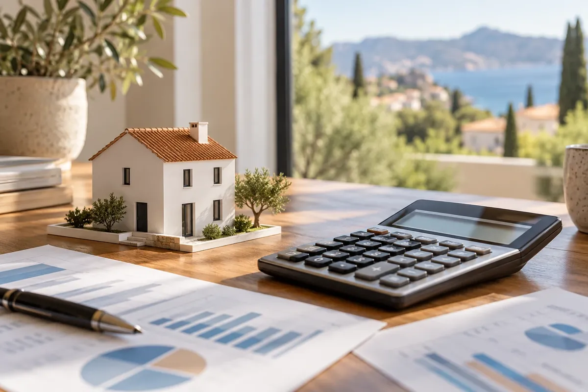 Calculadora y maqueta de casa para calcular los impuestos de una vivienda nueva