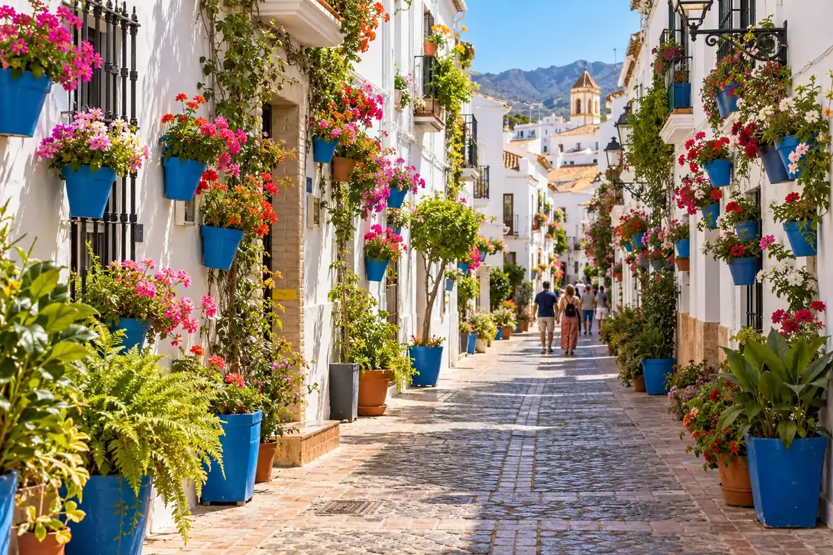Calle con flores del casco antiguo: Marbella o Estepona para comprar casa