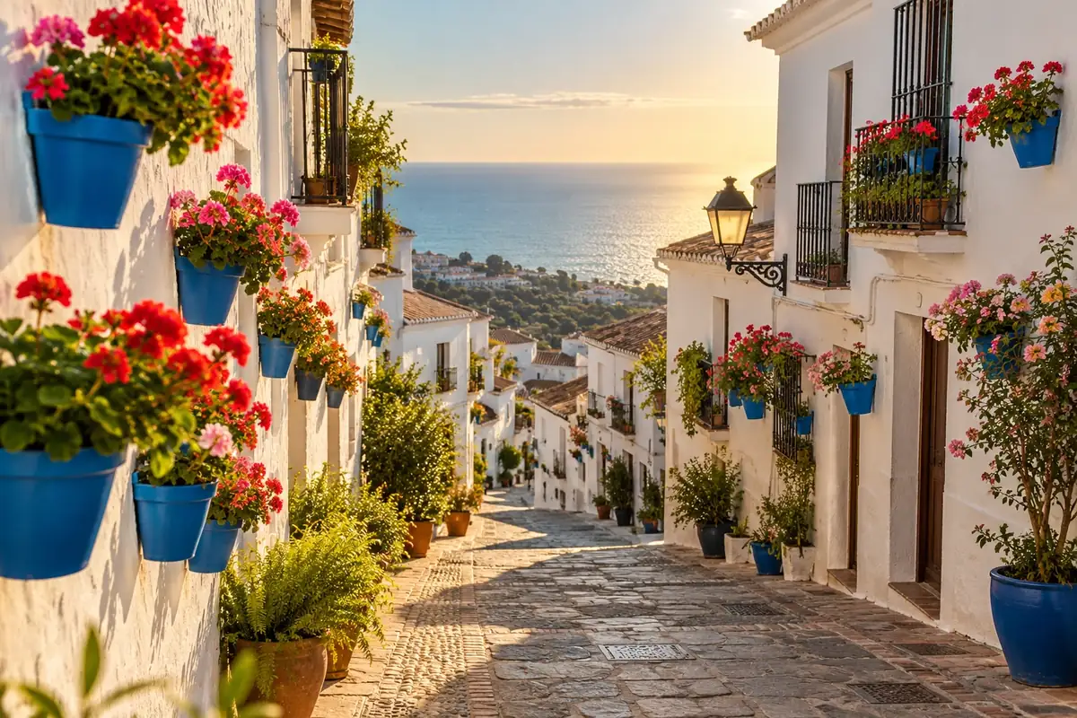 Calle de un pueblo blanco con vistas al mar en una de las mejores zonas de la Costa del Sol