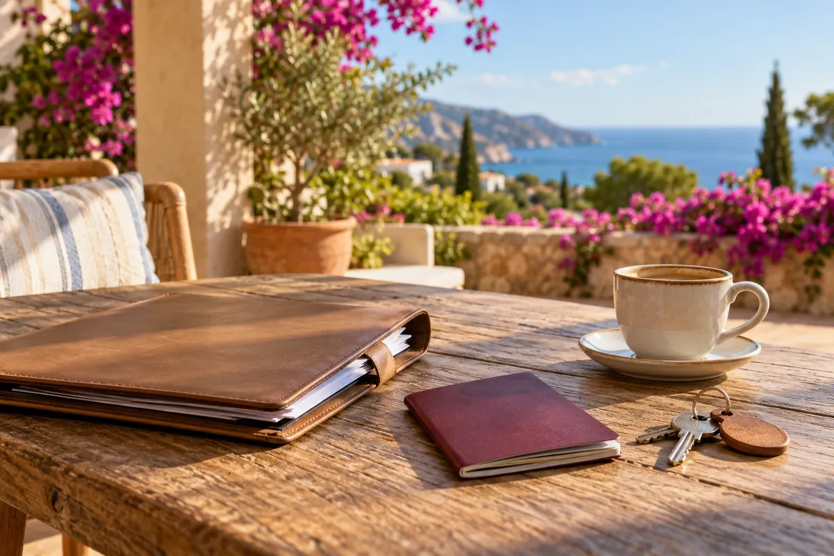 Documentos, pasaporte y llaves en una terraza, trámites para mudarse a España