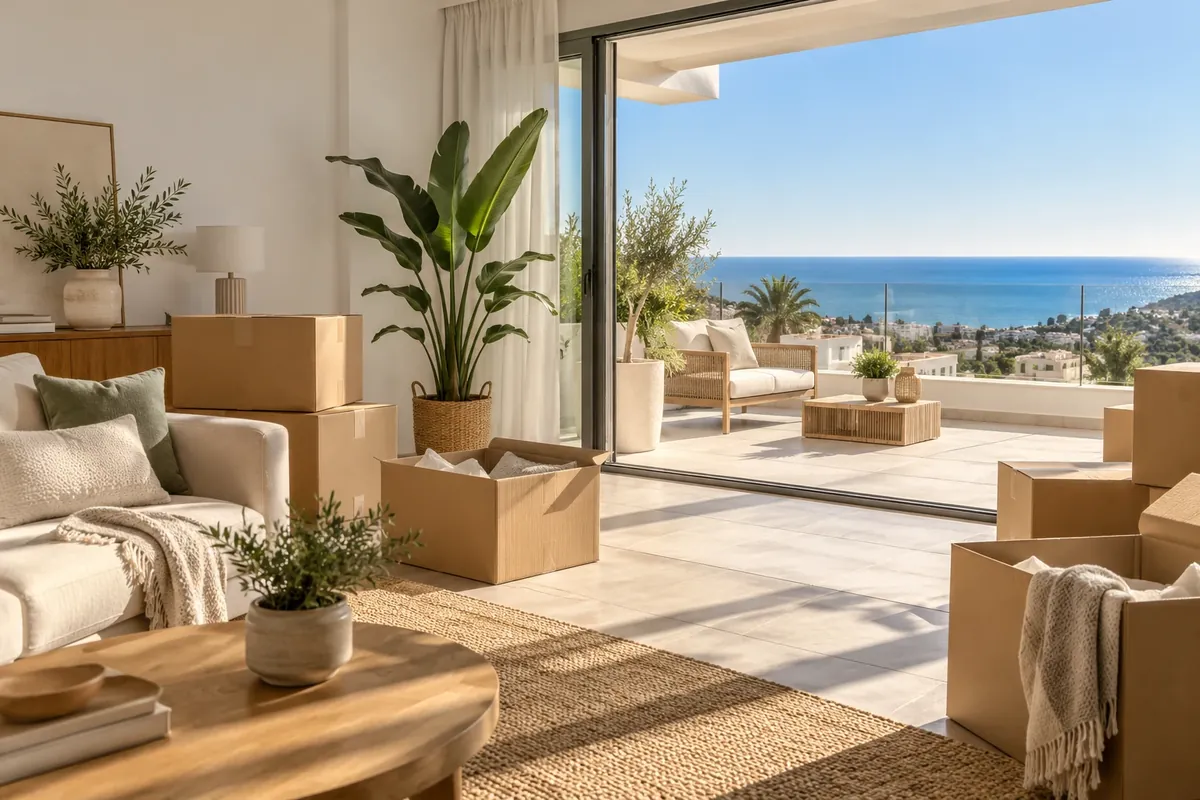 Salón con cajas de mudanza y vistas al mar: mudarse a España, a la Costa del Sol