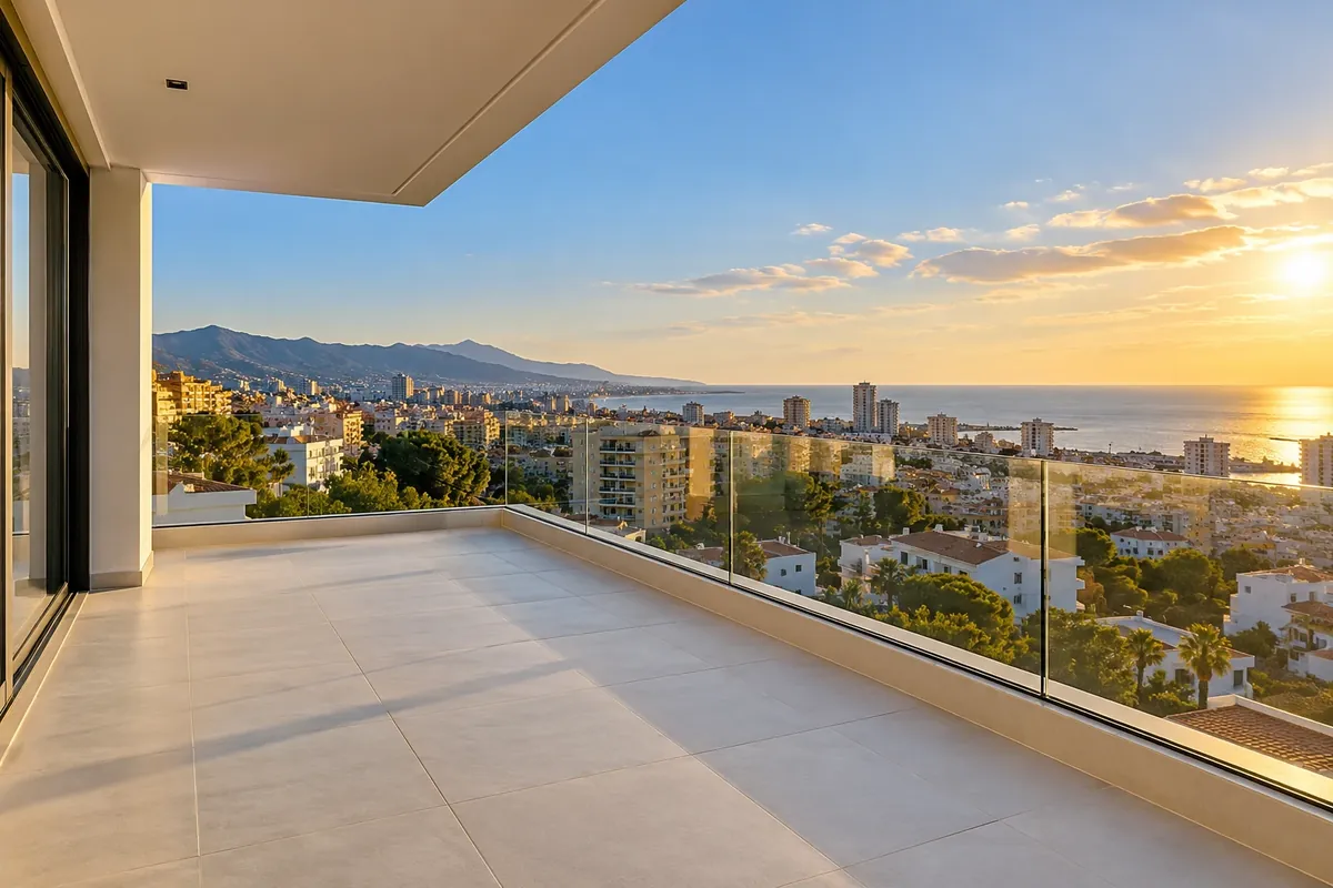 Terraza de un piso recién terminado con vistas a la ciudad, obra nueva en Málaga