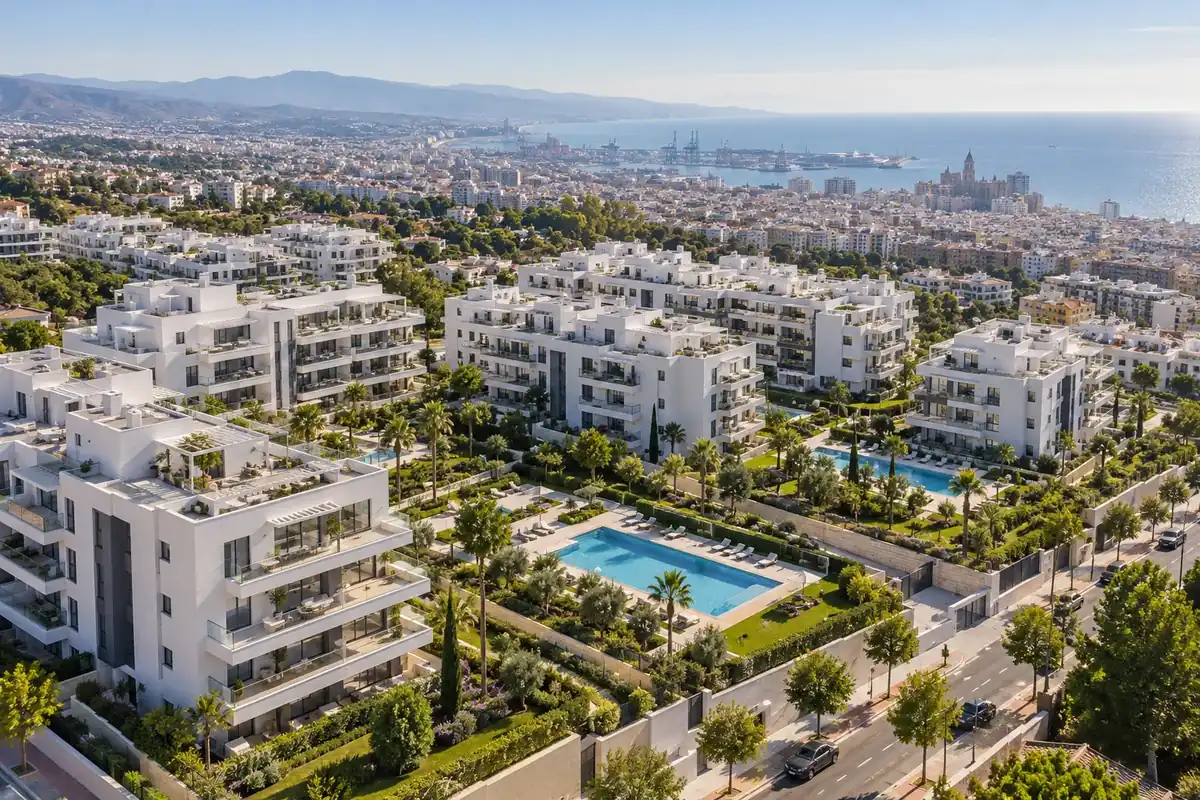 Barrio residencial nuevo con piscinas a las afueras de Málaga: obra nueva en Málaga