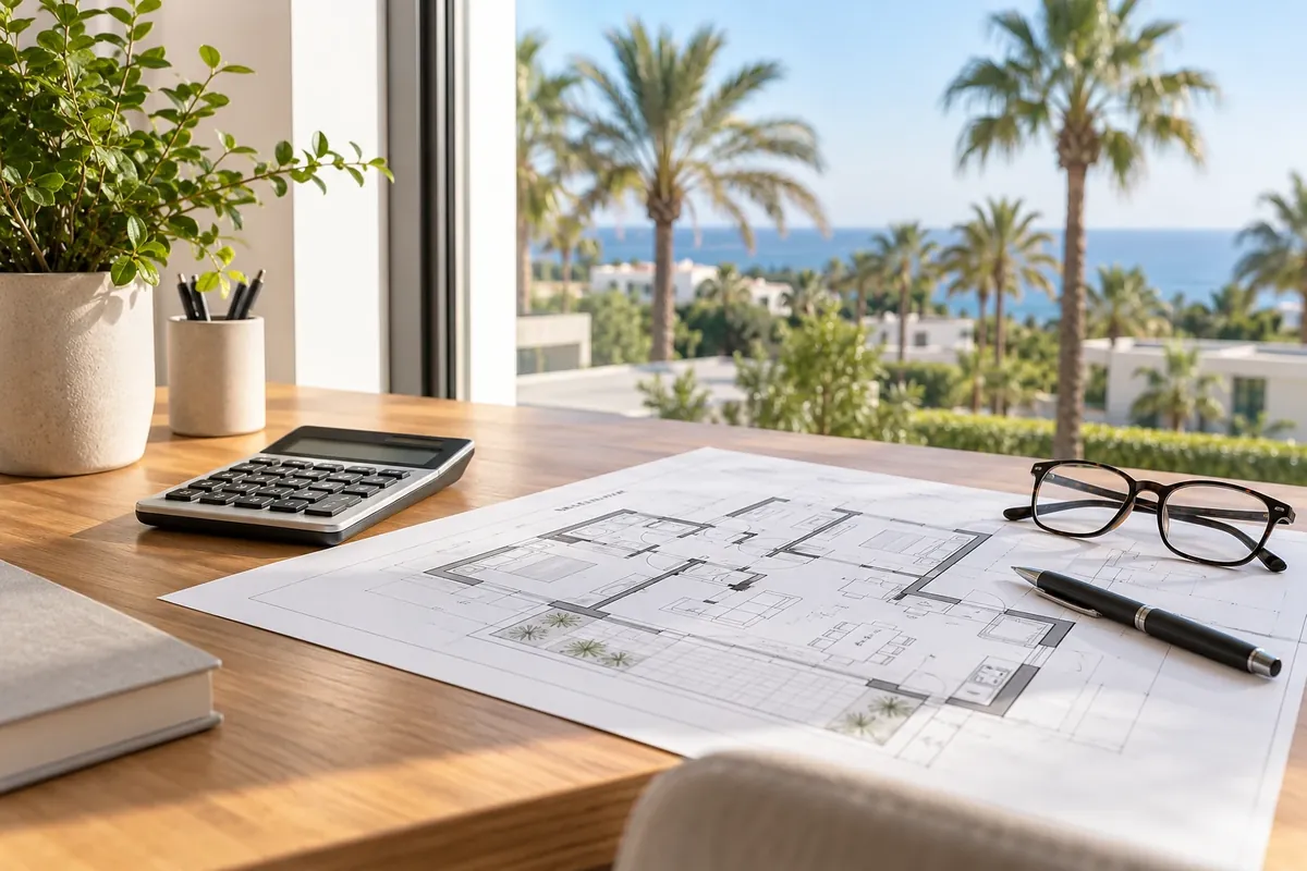 Calculadora y plano sobre una mesa, calcular el precio de la vivienda en la Costa del Sol
