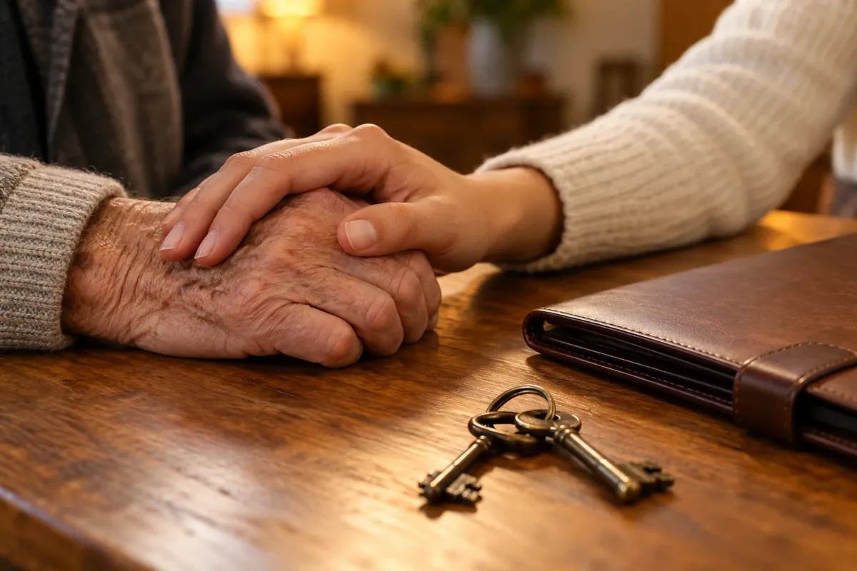 Manos de dos generaciones junto a unas llaves, impuesto de sucesiones en Andalucía