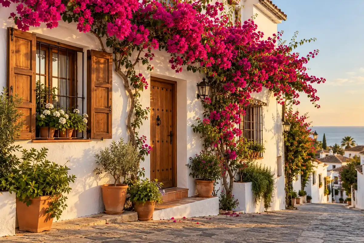 Casa blanca andaluza con buganvilla, herencia e impuesto de sucesiones en Andalucía