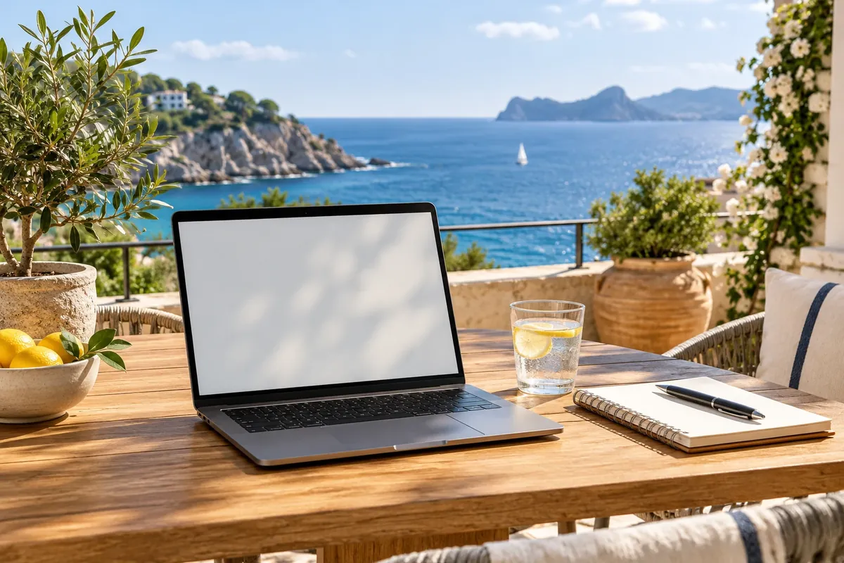 Portátil en una terraza con vistas al mar, visado de nómada digital o visado no lucrativo