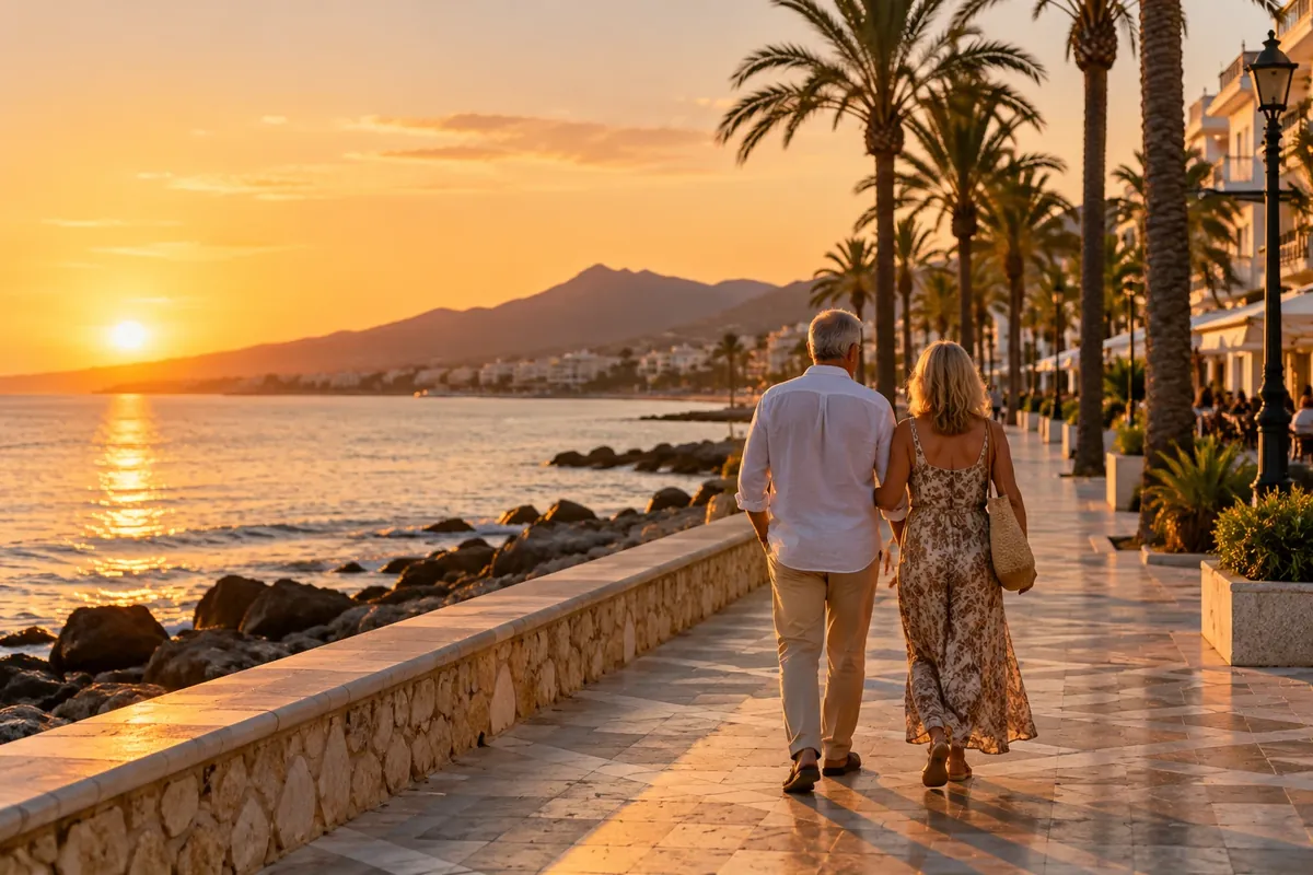 Pareja paseando junto al mar al atardecer, vivir en España con visado no lucrativo